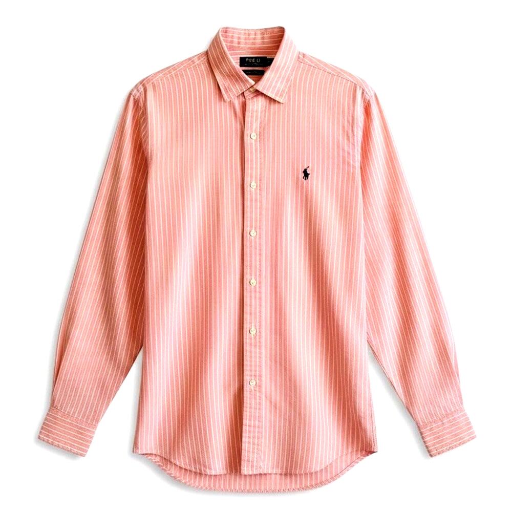 POLO Ralph Lauren Classsic Fit Button Down Shirt L Striped Peach Cotton Stretch
